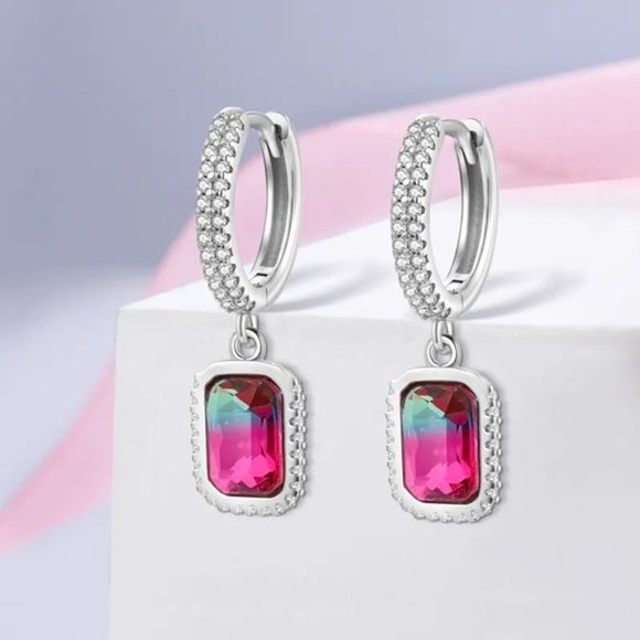 925 Sterling Silver Watermelon Ombre Cubic Zirconia Hoop Earrings - Picture 2 of 6